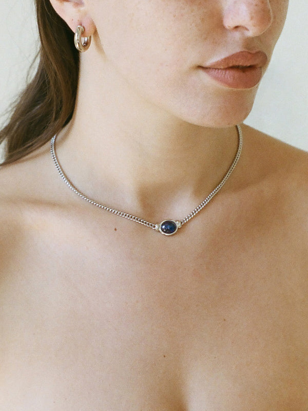 Model Wearing Laura Lombardi White Gold Donatella Necklace with Blue Sapphire