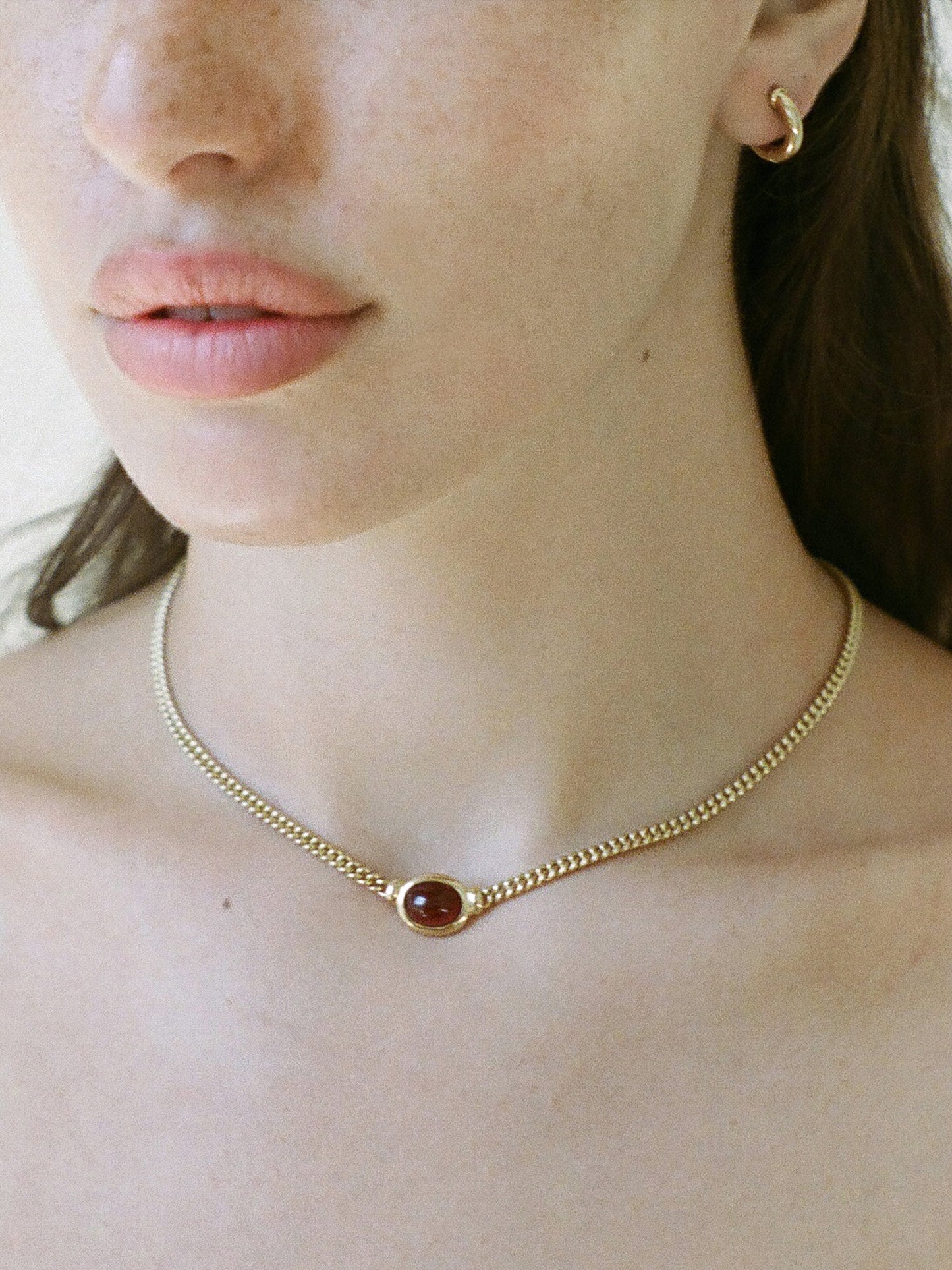 Model Wearing Laura Lombardi Yellow Gold Donatella Necklace with Garnet