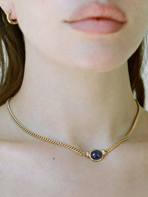 Model Wearing Laura Lombardi Yellow Gold Donatella Necklace with Blue Sapphire