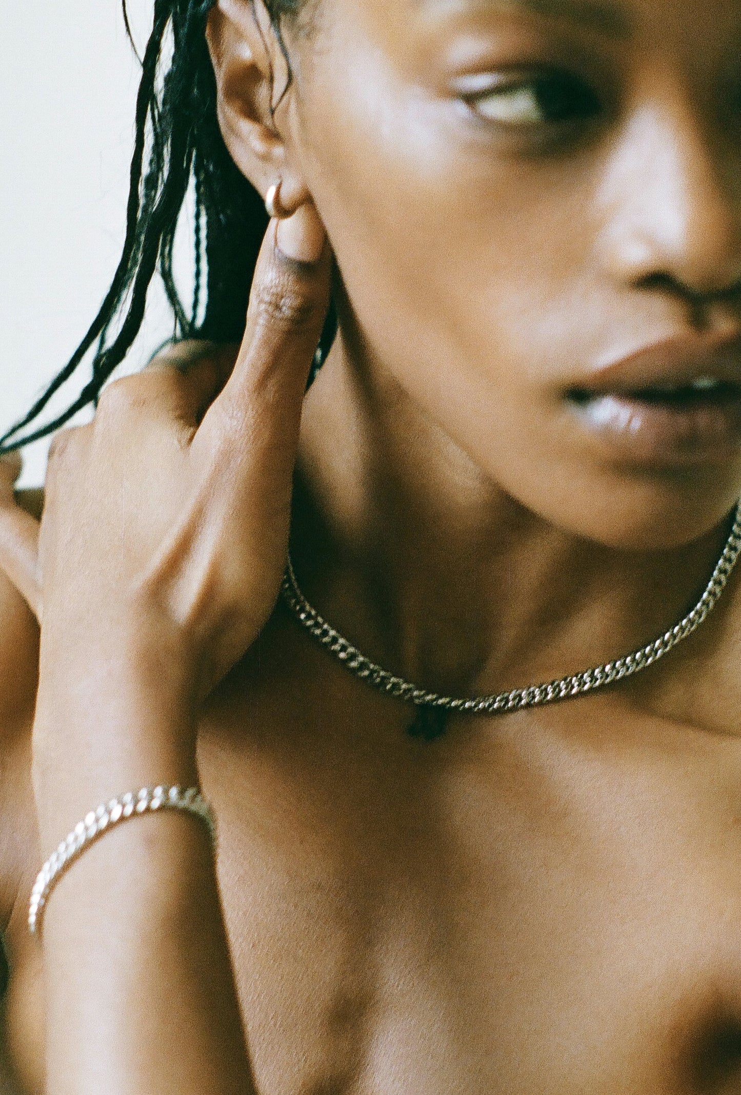 Model wearing Laura Lombardi Silver Maschio Bracelet and Silver Maschio Chain