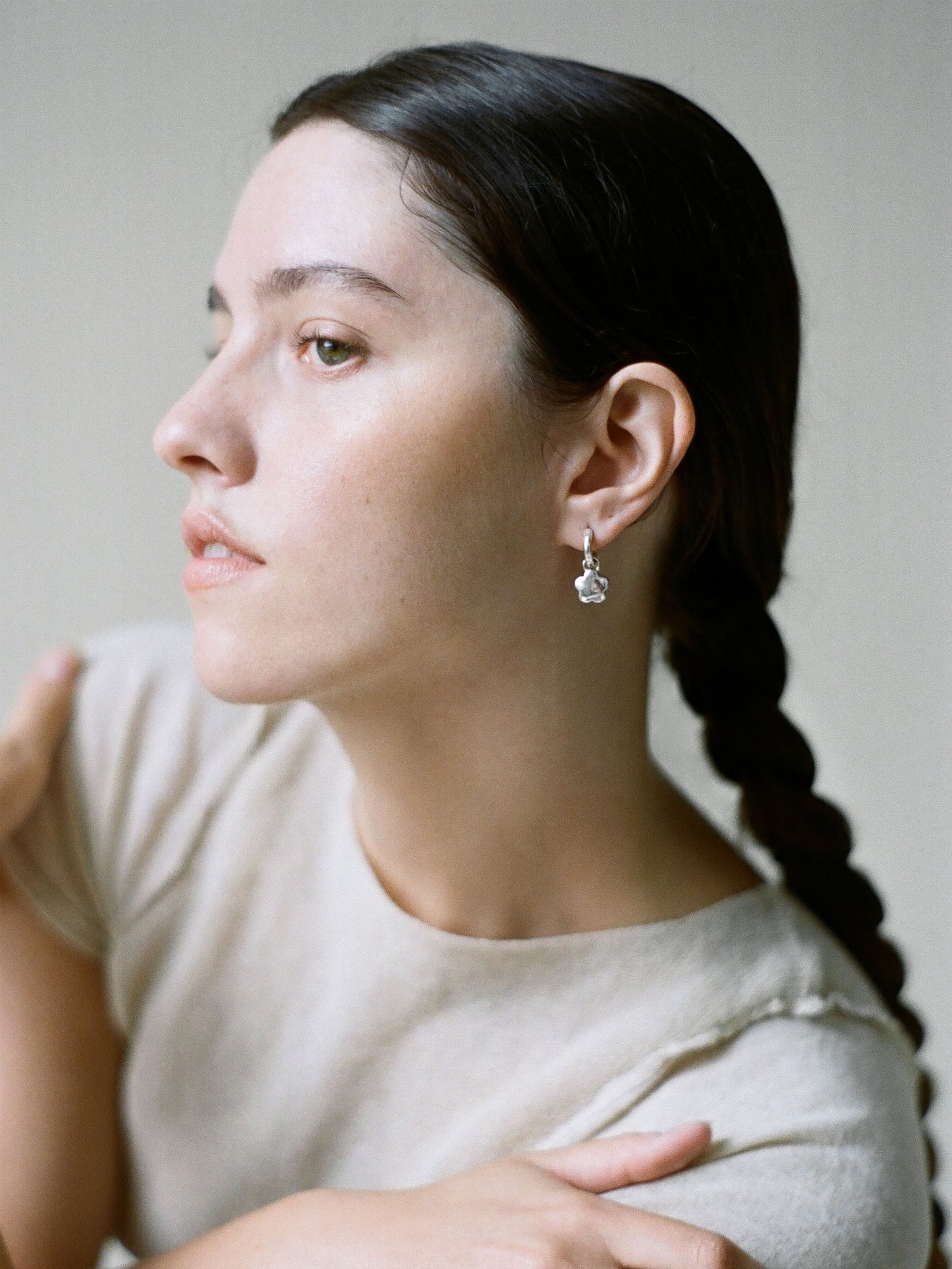 Model wearing Laura Lombardi Silver Fiorella Earrings