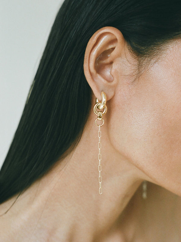 Model wearing Laura Lombardi gold Pezza Earrings