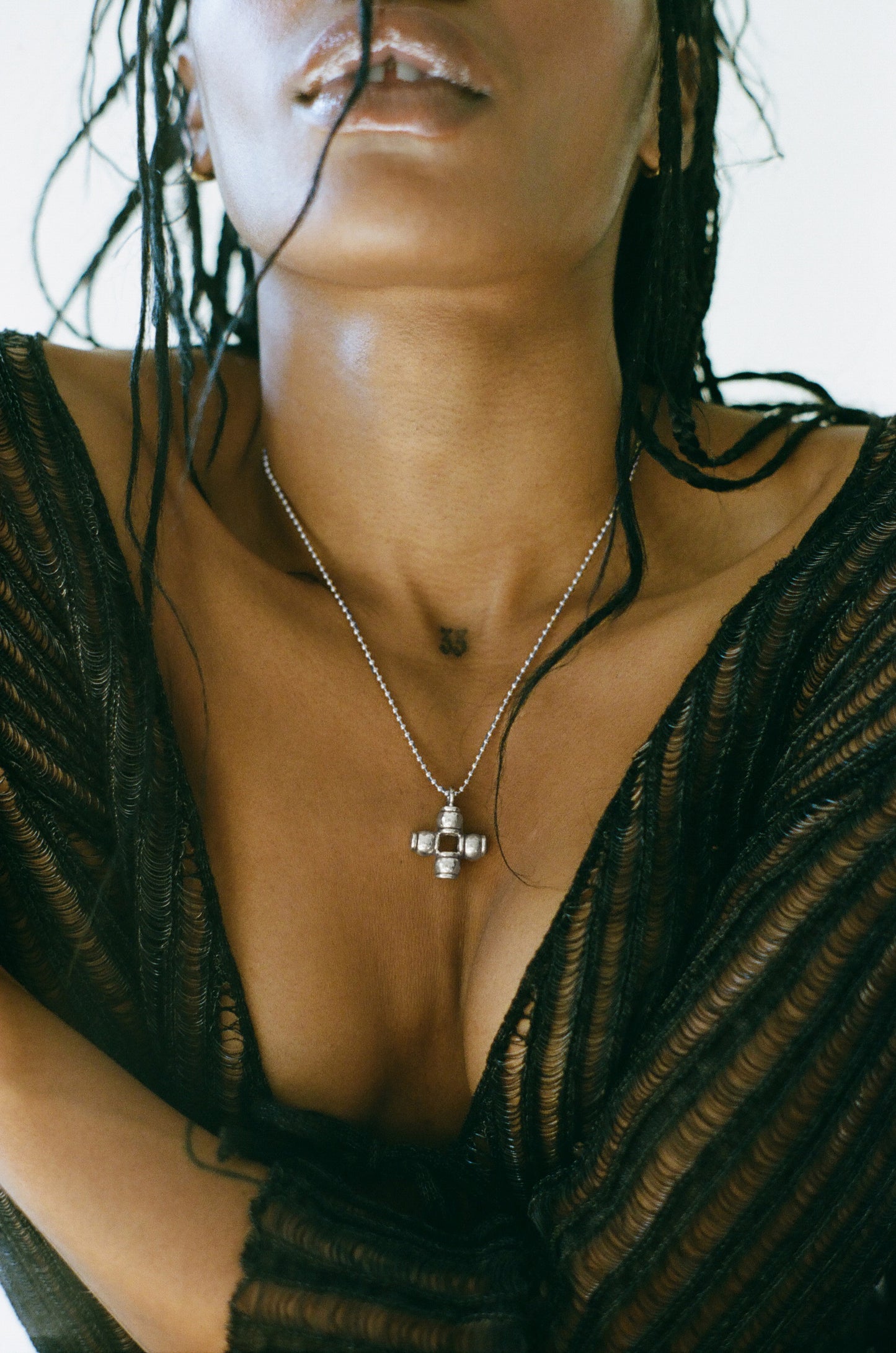 Model wearing Laura Lombardi Silver Roccia Pendant