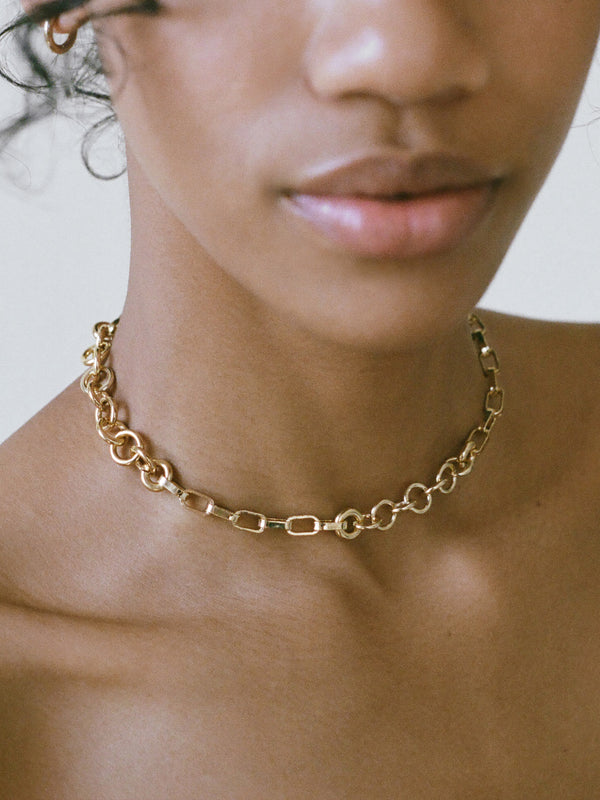 Model wearing Laura Lombardi gold Stessa Necklace