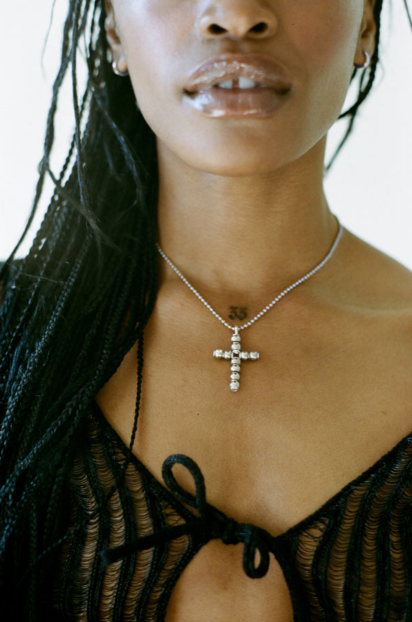 Model wearing Laura Lombardi Silver Torre Pendant