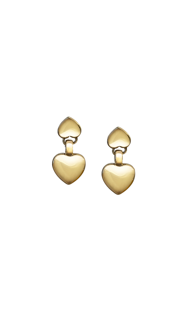 Laura Lombardi gold double heart Chiara drop earrings.