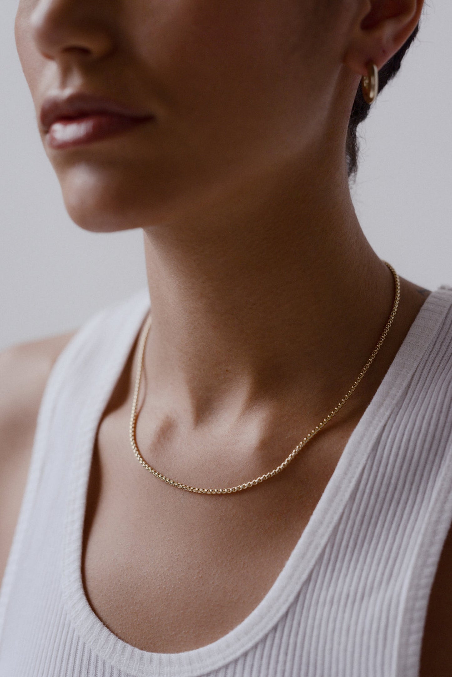 Model wearing Laura Lombardi gold Essential Box Chain necklace.