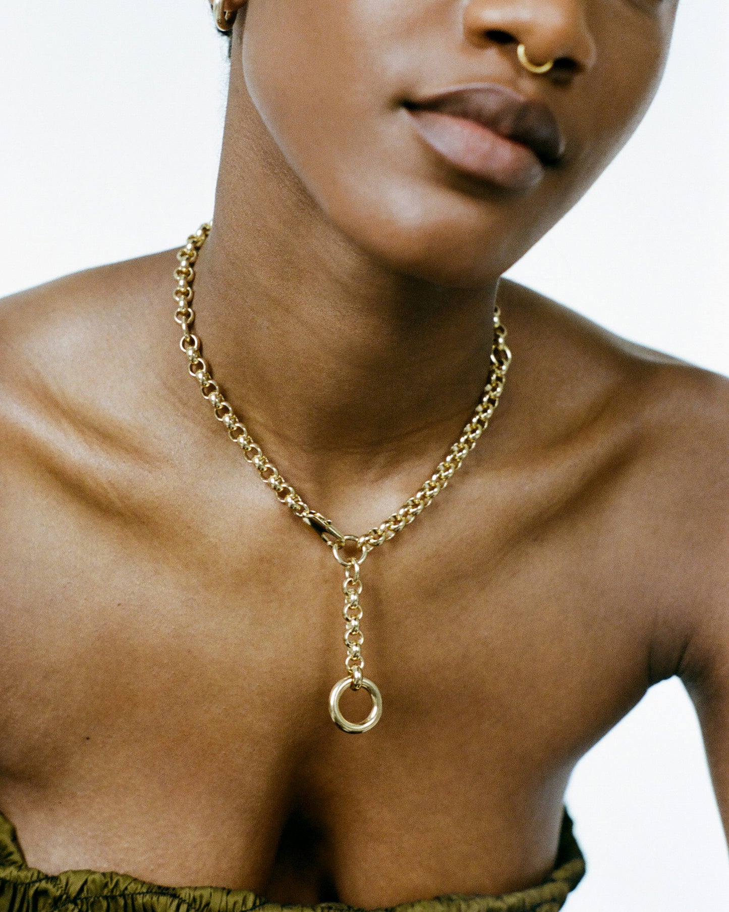 Model wearing Laura Lombardi gold Rina Necklace.