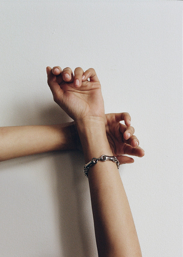 Model wearing Laura Lombardi Silver Sienna Bracelet.